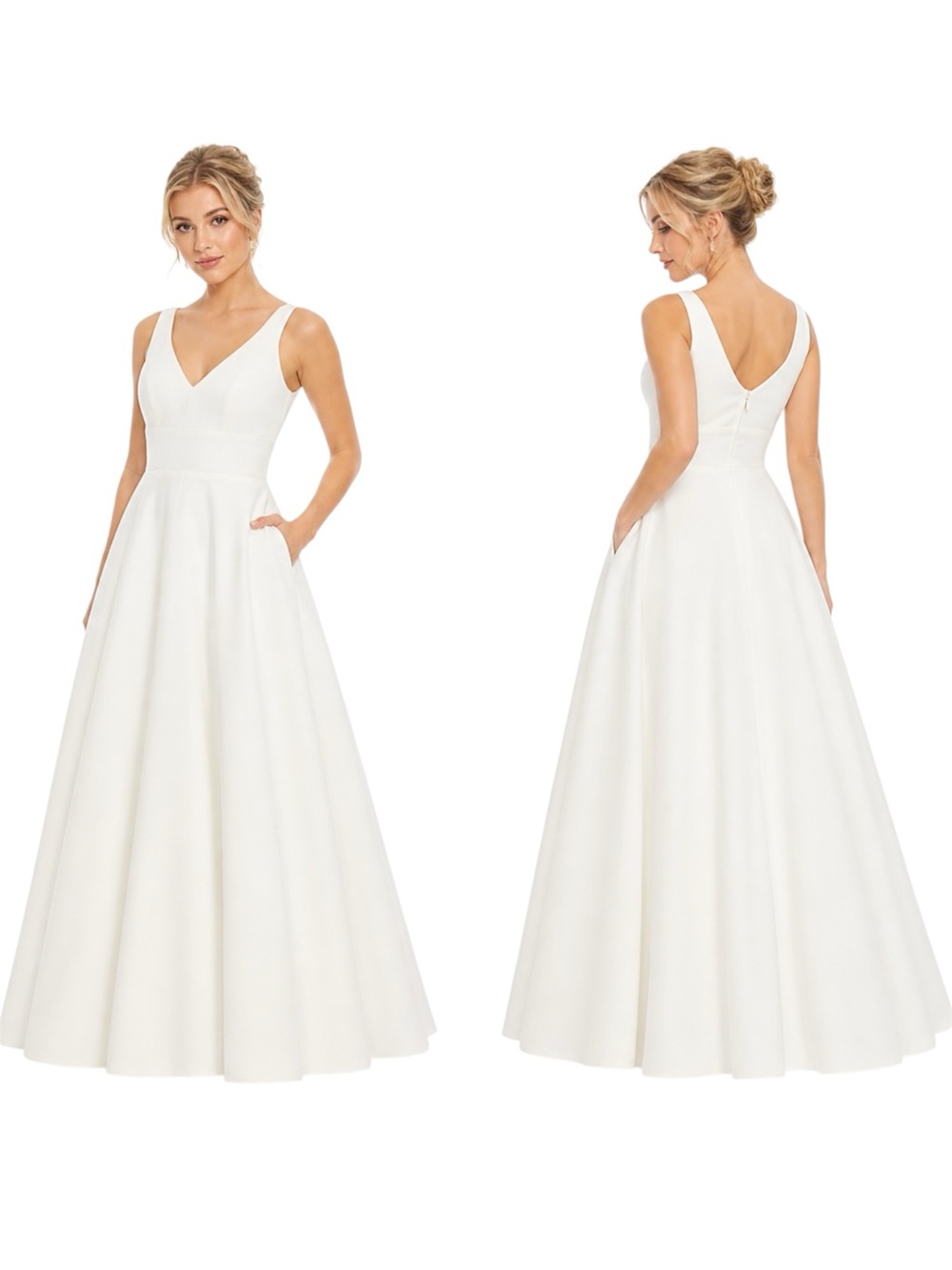 Mac Duggal White A-Line Gown With Pockets  Size 6 Sleeveless V-Neck Bridal Gown